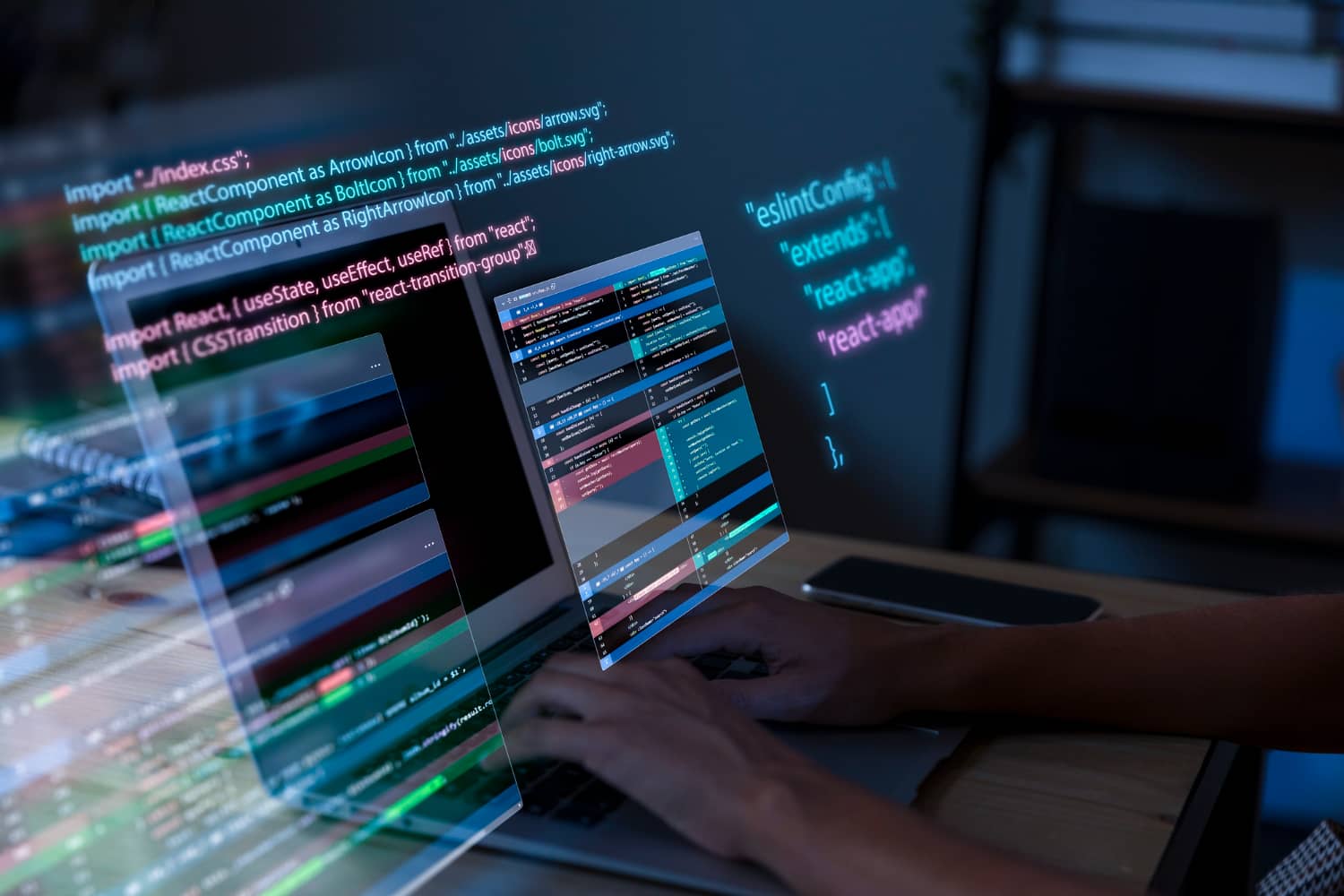 Digitale Arbeitsumgebung mit Programmcode auf dem Bildschirm – Beratung und Einrichtung von LEXWARE Office Softwarelösungen.