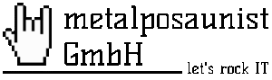 Logo der metalposaunist GmbH – Pixel-Handzeichen mit Schriftzug ‚let’s rock IT